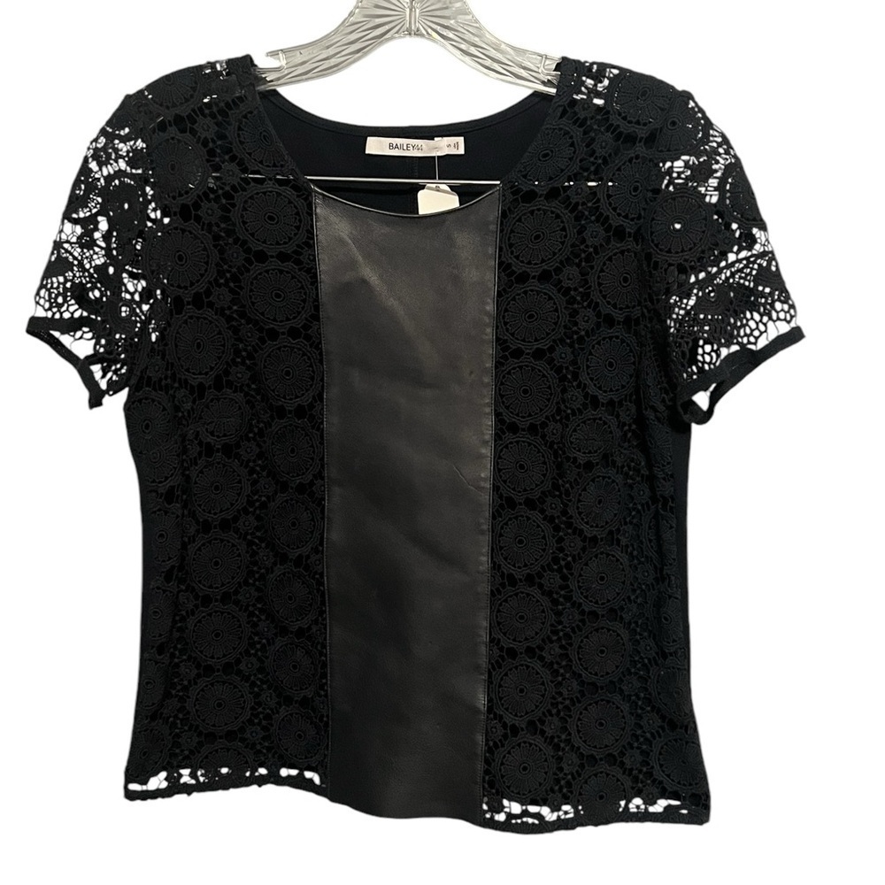 Bailey 44 NWT black 100% leather and lace short sleeve scoop neck blouse